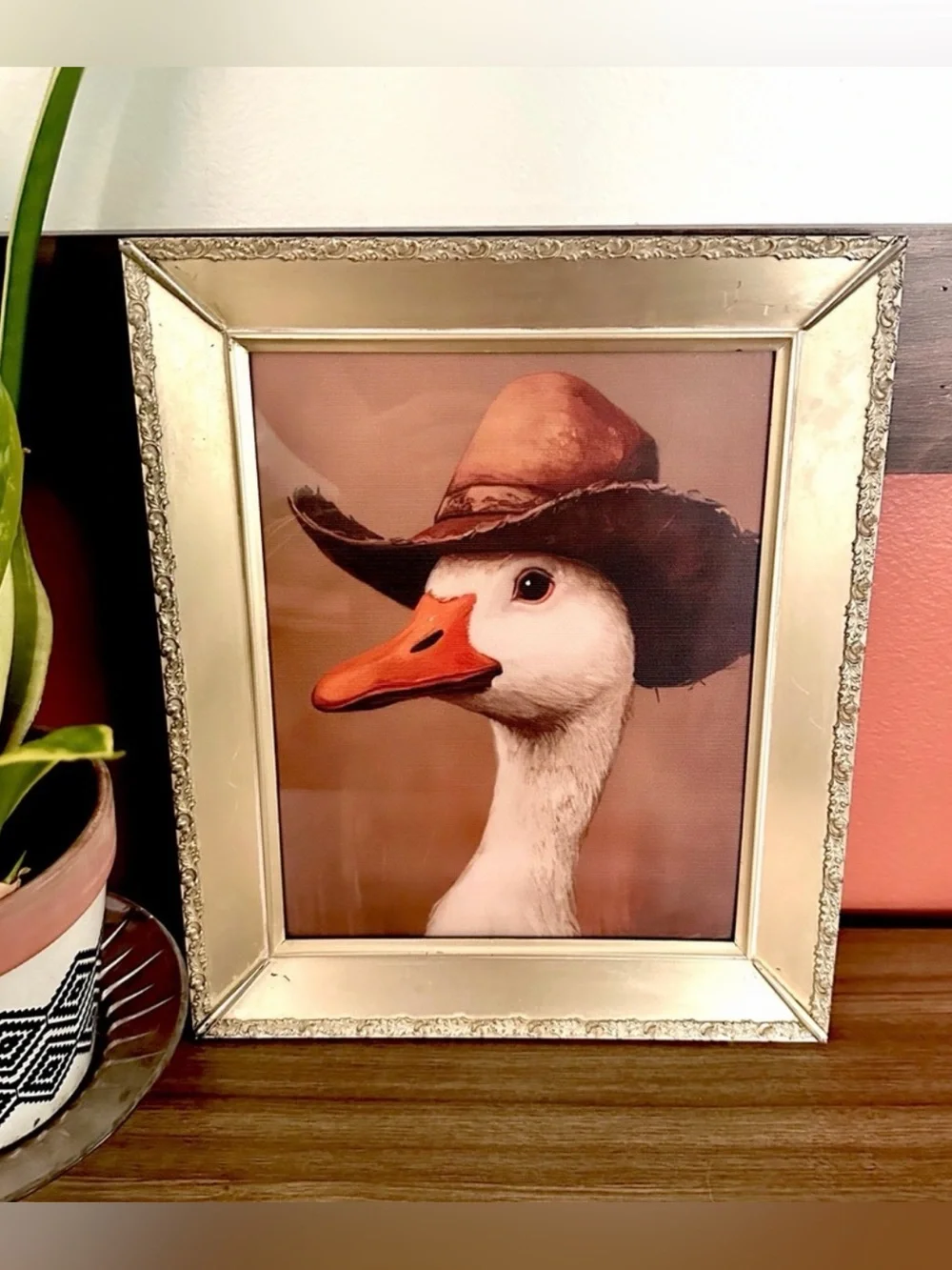 Cowboy Duck Goose Farm Animal Art Canvas Print Gold Vintage Metal Framed Western